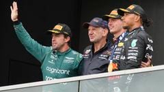 Newey, con Alonso, Verstappen y Hamilton en el podio de Canadá.