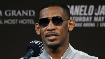 Daniel Jacobs speaks during a news conference for a middleweight title boxing match against Canelo Alvarez, Wednesday, May 1, 2019, in Las Vegas. The two are scheduled to fight Saturday in Las Vegas. (AP Photo/John Locher)