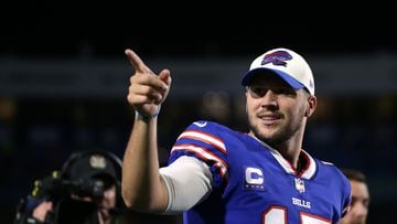 ORCHARD PARK, NEW YORK - SEPTEMBER 19: Josh Allen #17 of the Buffalo Bills celebrates after defeating the Tennessee Titans in the game at Highmark Stadium on September 19, 2022 in Orchard Park, New York.   Joshua Bessex/Getty Images/AFP