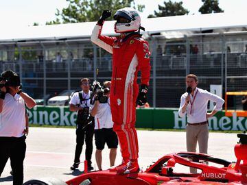 MONTREAL, QC - JUNE 09: Pole position qualifier Sebastian Vettel of Germany and Ferrari celebrates in parc ferme during qualifying for the Canadian Formula One Grand Prix at Circuit Gilles Villeneuve on June 9, 2018 in Montreal, Canada.   Dan Istitene/Get
