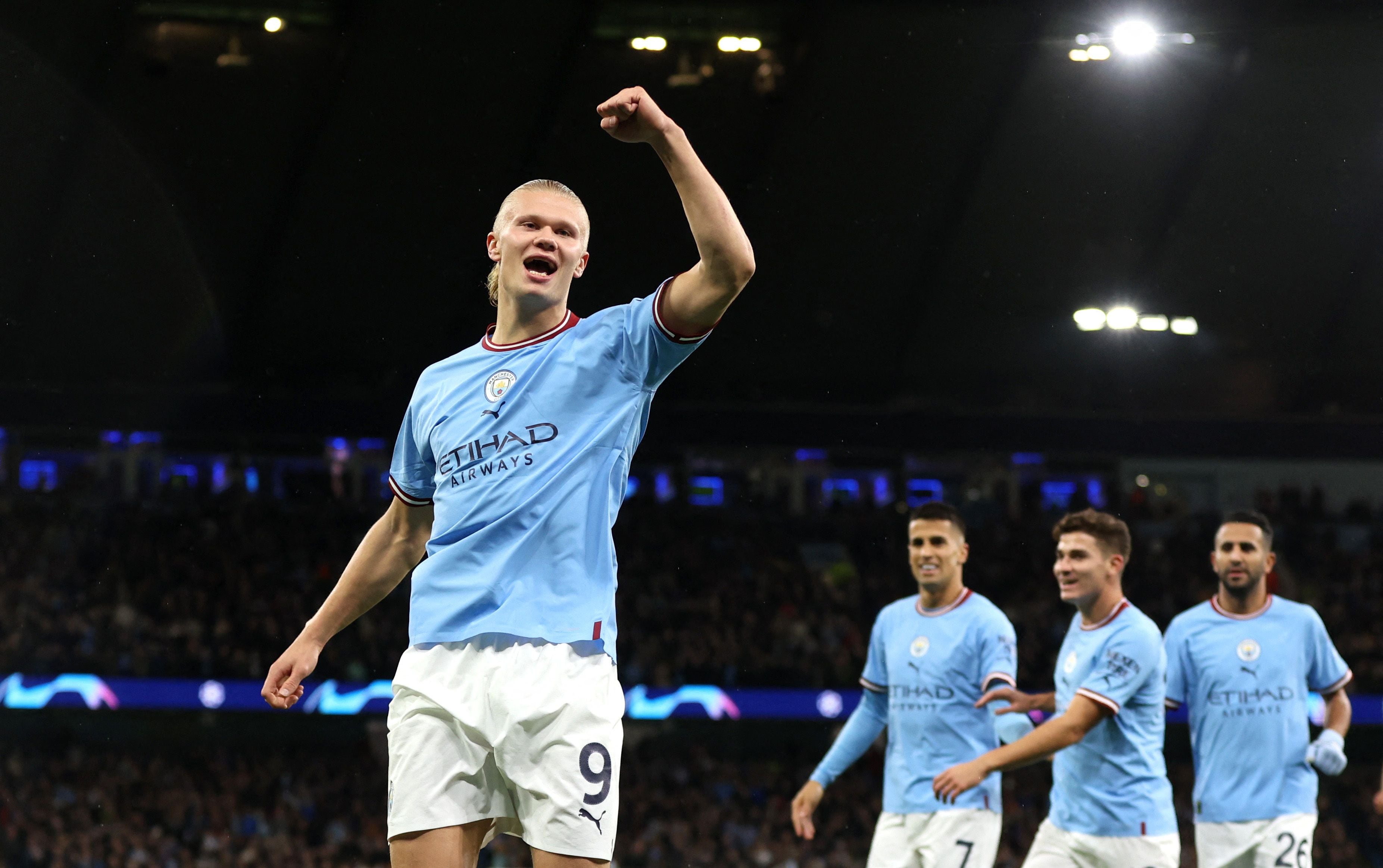 Soccer Football - Champions League - Group G - Manchester City v FC Copenhagen - Etihad Stadium, Manchester, Britain - October 5, 2022  Manchester City's Erling Braut Haaland celebrates scoring their first goal Action Images via Reuters/Lee Smith