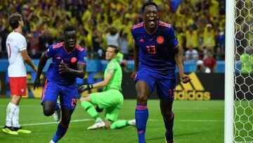 Yerry Mina marca el primer gol de Colombia ante Polonia en la segunda jornada del Grupo H del Mundial de Rusia 2018.