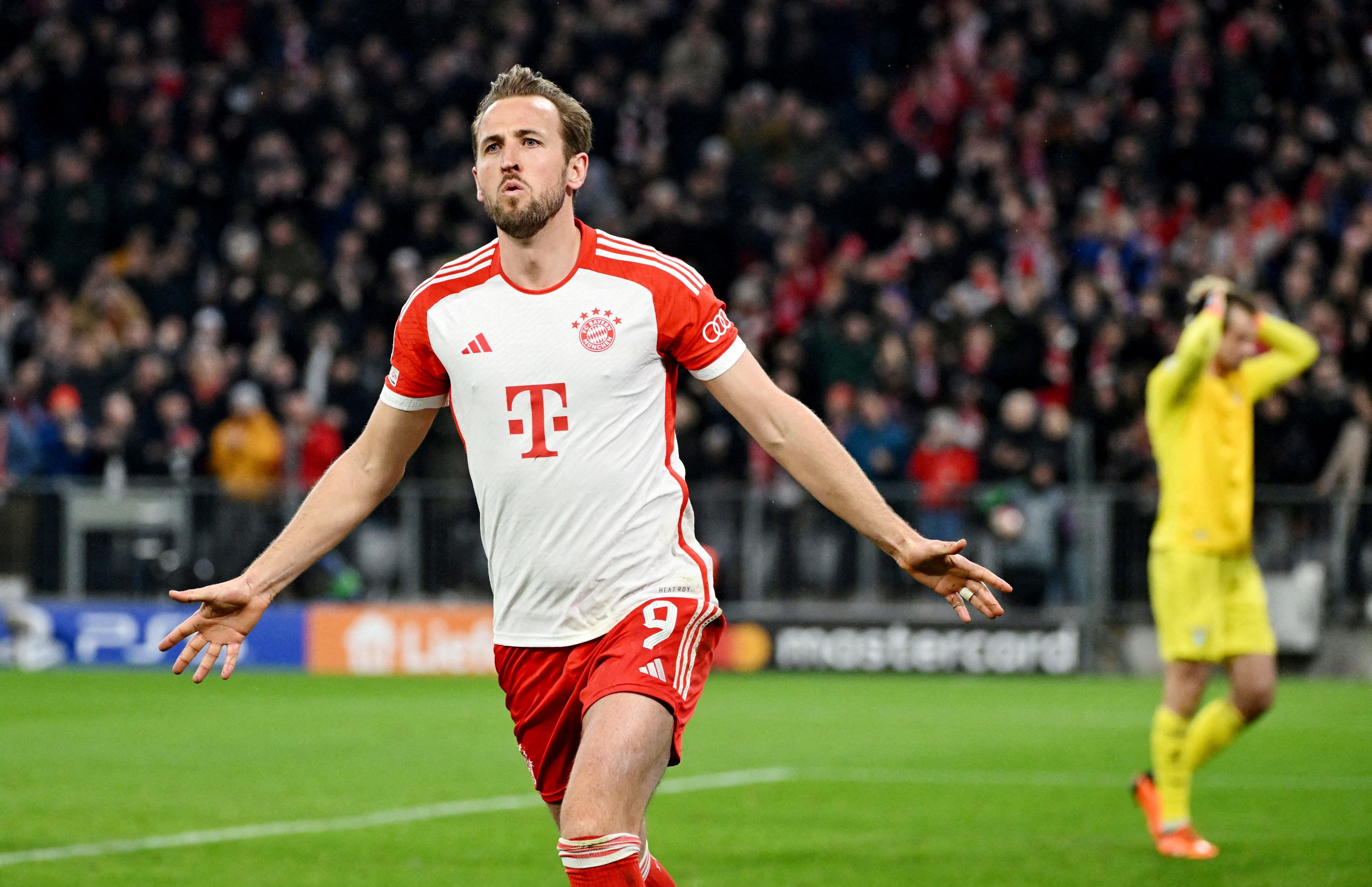 Soccer Football - Champions League - Round of 16 - Second Leg - Bayern Munich v Lazio - Allianz Arena, Munich, Germany - March 5, 2024 Bayern Munich's Harry Kane celebrates scoring their first goal REUTERS/Angelika Warmuth     TPX IMAGES OF THE DAY