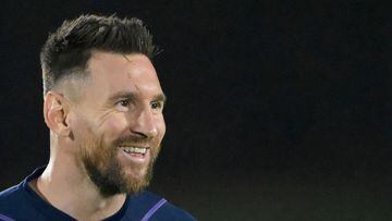Argentina's forward #10 Lionel Messi smiles during a training session at Qatar University in Doha on December 8, 2022, on the eve of the Qatar 2022 World Cup quarter-final football match between The Netherlands and Argentina. (Photo by JUAN MABROMATA / AFP)