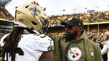PITTSBURGH, PENNSYLVANIA - NOVEMBER 13: Head coach Mike Tomlin of the Pittsburgh Steelers greets Adam Prentice #46 of the New Orleans Saints on the field after the game at Acrisure Stadium on November 13, 2022 in Pittsburgh, Pennsylvania. (Photo by Joe Sargent/Getty Images)