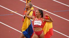 First-placed Venezuela&#039;s Yulimar Rojas (L) and third-placed Spain&#039;s Ana Peleteiro celebrate after competing in the women&#039;s triple jump final during the Tokyo 2020 Olympic Games at the Olympic Stadium in Tokyo on August 1, 2021. (Photo by In