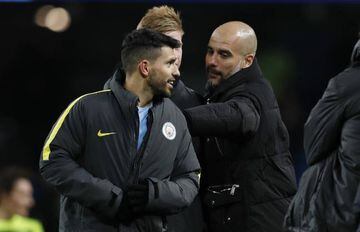 Manchester City manager Pep Guardiola with Kevin De Bruyne and Sergio Aguero after the match