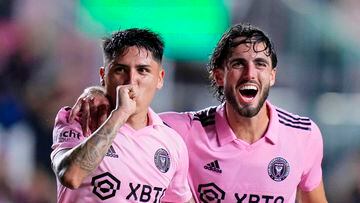 Sep 9, 2023; Fort Lauderdale, Florida, USA; Inter Miami CF midfielder Facundo Farias (11) celebrates with forward Leonardo Campana (right) after scoring a goal against Sporting Kansas City during the second half at DRV PNK Stadium. Mandatory Credit: Rich Storry-USA TODAY Sports
