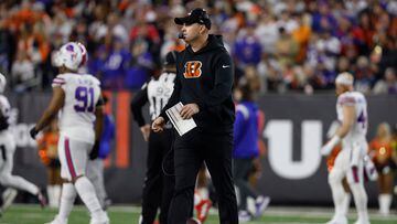 CINCINNATI, OHIO - JANUARY 02: Head coach Zac Taylor of the Cincinnati Bengals looks on after the game against the Buffalo Bills was suspended during the first quarter at Paycor Stadium on January 02, 2023 in Cincinnati, Ohio.   Kirk Irwin/Getty Images/AFP (Photo by Kirk Irwin / GETTY IMAGES NORTH AMERICA / Getty Images via AFP)