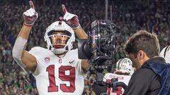 Sep 29, 2018; South Bend, IN, USA; Stanford Cardinal wide receiver J.J. Arcega-Whiteside (19) celebrates after a touchdown in the second quarter against the Notre Dame Fighting Irish at Notre Dame Stadium. Mandatory Credit: Matt Cashore-USA TODAY Sports
