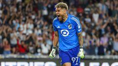 Aug 8, 2023; St. Paul, MN, USA; Minnesota United goalkeeper Dayne St. Clair (97) celebrates after making a save during a penalty shootout against the Toluca at Allianz Field. Mandatory Credit: Matt Krohn-USA TODAY Sports