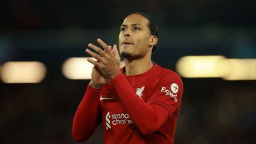 Soccer Football - Champions League - Round of 16 First Leg - Liverpool v Real Madrid - Anfield, Liverpool, Britain - February 21, 2023  Liverpool's Virgil van Dijk applauds fans before the match REUTERS/Phil Noble