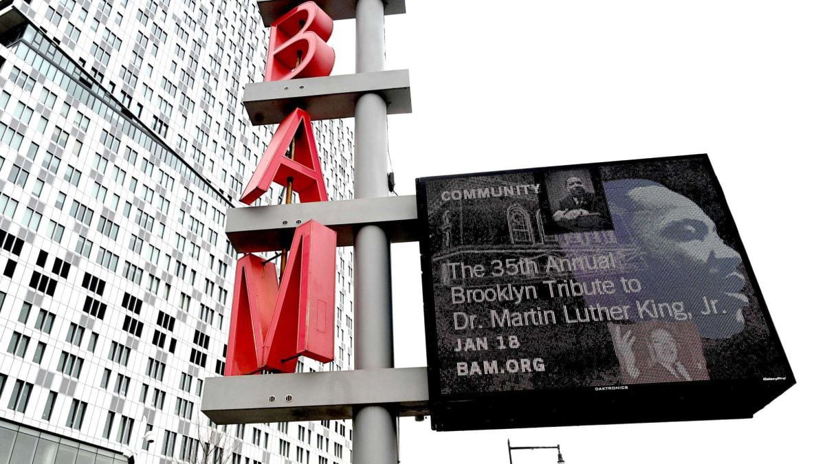 Brooklyn, NEW YORK - JANUARY 16: The Brooklyn Academy of Music honors Dr. Martin Luther King Jr. with the digital tribute, &quot;Let Freedom Ring,&quot; on January 16, 2021 in New York City.   Jamie McCarthy/Getty Images/AFP
 == FOR NEWSPAPERS, INTERNET, TELCOS &amp; TELEVISION USE ONLY ==
