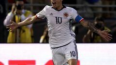James Rodriguez #10 of Colombia reacts to scoring a goal during the first half of a 2016 Copa America Centenario Group A match between Columbia and Paraguay at Rose Bowl on June 7, 2016 in Pasadena, California.