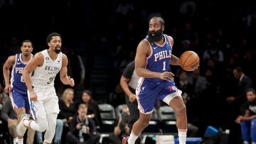 Philadelphia 76ers guard James Harden (1) brings the ball up court against the Brooklyn Nets during the first quarter at Barclays Center.