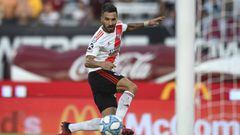 BUENOS AIRES, ARGENTINA - FEBRUARY 02: Ignacio Scocco of River Plate kicks the ball to score the second goal of his team during a match between River Plate and Central Cordoba de Santiago del Estero as part of Superliga 2019/20 at Estadio Monumental Antonio Vespucio Liberti on February 2, 2020 in Buenos Aires, Argentina. (Photo by Marcelo Endelli/Getty Images)