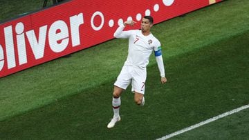 MOSCOW, RUSSIA - JUNE 20: Cristiano Ronaldo of Portugal celebrates after scoring his team's first goal during the 2018 FIFA World Cup Russia group B match between Portugal and Morocco at Luzhniki Stadium on June 20, 2018 in Moscow, Russia. (Photo by Maddi