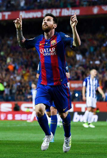 Lionel Messi of FC Barcelona celebrates after scoring his team's first goal during the Copa Del Rey Final between FC Barcelona and Deportivo Alaves at Vicente Calderon stadium on May 27, 2017 in Madrid, Spain.