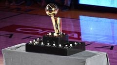 A view of the Golden State Warriors 2017-2018 Championship rings and the Larry O'Brien NBA Championship Trophy