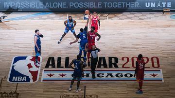 CHICAGO, ILLINOIS - FEBRUARY 16: Joel Embiid #24 of Team Giannis and Anthony Davis #2 of Team LeBron reaches for the ball during the 69th NBA All-Star Game on February 16, 2020 at the United Center in Chicago, Illinois. (Photo by Lampson Yip - Clicks Imag