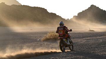 Monster Energy Honda Team's French biker Adrien Van Beveren competes during the stage 11 of the 2024 Dakar Rally between Al-Ula and Yanbu, Saudi Arabia, on January 18, 2024. (Photo by PATRICK HERTZOG / AFP)
