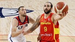 LAS VEGAS, NEVADA - JULY 18: Ricky Rubio #9 of Spain drives to the basket against Zach LaVine #5 of the United States during an exhibition game at Michelob ULTRA Arena ahead of the Tokyo Olympic Games on July 18, 2021 in Las Vegas, Nevada. The United States defeated Spain 83-76.   Ethan Miller/Getty Images/AFP == FOR NEWSPAPERS, INTERNET, TELCOS &amp; TELEVISION USE ONLY ==