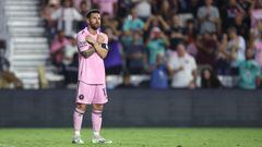 Aug 2, 2023; Fort Lauderdale, FL, USA;  Inter Miami CF forward Lionel Messi (10) celebrates after scoring a goal against Orlando City SC during the second half at DRV PNK Stadium. Mandatory Credit: Nathan Ray Seebeck-USA TODAY Sports