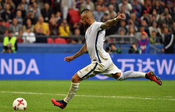 Chile's midfielder Arturo Vidal shoots the ball in the penalty shoot out during the 2017 Confederations Cup semi-final football match between Portugal and Chile at the Kazan Arena in Kazan on June 28, 2017.  Chile moves into the finals.