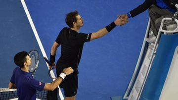 Djokovic and Murray shake hands with the umpire after this year&#039;s men&#039;s final at the Australian Open 