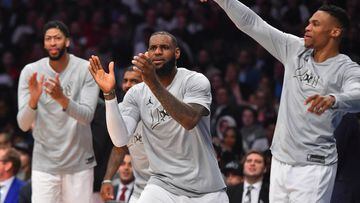 February 18, 2018; Los Angeles, CA, USA; Team LeBron forward LeBron James of the Cleveland Cavaliers (23) forward Anthony Davis of the New Orleans Pelicans (23 and guard Russell Westbrook of the Oklahoma City Thunder (0) react during the second half of the 2018 NBA All Star Game at Staples Center. Mandatory Credit: Bob Donnan-USA TODAY Sports