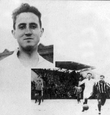 Retrato de Santiabo Bernabéu y en un partido contra el Athletic de Bilbao