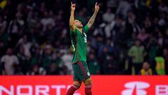 Mexico's Luis Chavez celebrates after scoring a goal during the Concacaf Nations League quarterfinals second leg football match between Honduras and Mexico at the Azteca stadium in Mexico City on November 21, 2023. (Photo by ALFREDO ESTRELLA / AFP)