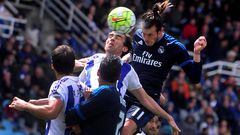 Real Madrid&#039;s Gareth Bale heads the ball during match against Real Sociedad.