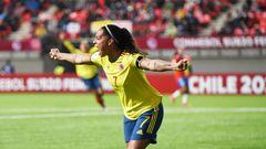 Gisela Robledo celebrando el gol con Colombia ante Chile para la clasificación a la fase final del Sudamericano Femenino Sub 20.