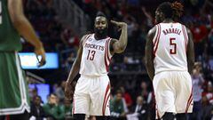 Dec 5, 2016; Houston, TX, USA; Houston Rockets guard James Harden (13) reacts after making a three point basket during the fourth quarter against the Boston Celtics at Toyota Center. Mandatory Credit: Troy Taormina-USA TODAY Sports