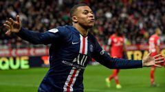 Paris Saint-Germain&#039;s French forward Kylian Mbappe celebrates after scoring a goal during the French L1 football match between Dijon Football Cote-d&#039;Or (DFCO) and Paris Saint-Germain (PSG) on November 1, 2019, at the Gaston Gerard stadium in Dij
