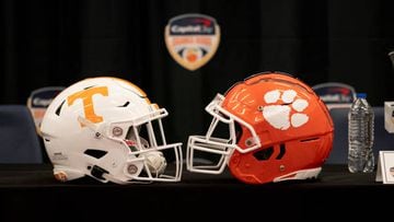FORT LAUDERDALE, FL - DECEMBER 29: Tennessee Volunteers and Clemson Tigers Helmets on display prior to the joint Head Coach Press Conference at Le Méridien Dania Beach in Fort Lauderdale, FL on December 29, 2022. (Photo by Jason Mowry/Icon Sportswire via Getty Images)