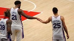 ATLANTA, GEORGIA - JUNE 11: Joel Embiid #21 and Ben Simmons #25 of the Philadelphia 76ers react in the final minutes of their 127-111 win over the Atlanta Hawks in game 3 of the Eastern Conference Semifinals at State Farm Arena on June 11, 2021 in Atlanta