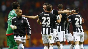 Besiktas&#039; Mario Gomez (4th-L), Ricardo Quaresma (2nd-L) and players celebrate after winning against Galatasaray during Turkish Super League derby match between Galatasaray and Besiktas in Istanbul, Turkey 08 May 2016. 