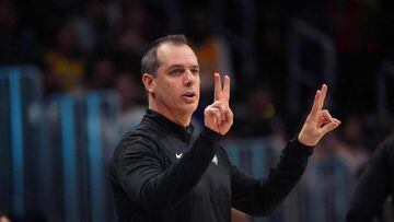 Apr 10, 2022; Denver, Colorado, USA; Los Angeles Lakers head coach Frank Vogel signals in the second quarter against the Denver Nuggets at Ball Arena. Mandatory Credit: Ron Chenoy-USA TODAY Sports