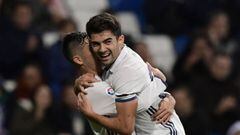 Real Madrid&#039;s French midfielder Enzo Fernandez celebrates with Real Madrid&#039;s forward Mariano