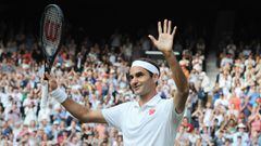 Roger Federer of Switzerland salutes the crowd after winning the match against Richard Gasquet of France during The Championships Wimbledon 2021, Grand Slam tennis tournament on July 1, 2021 at All England Lawn Tennis and Croquet Club in London, England -