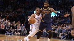 Feb 9, 2017; Oklahoma City, OK, USA; Oklahoma City Thunder guard Russell Westbrook (0) drives to the basket past Cleveland Cavaliers guard Kyrie Irving (2) during the fourth quarter at Chesapeake Energy Arena. Mandatory Credit: Mark D. Smith-USA TODAY Spo