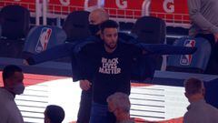 SAN FRANCISCO, CALIFORNIA - JANUARY 06: Stephen Curry #30 of the Golden State Warriors wears a Black Lives Matter t-shirt before their game against the LA Clippers at Chase Center on January 06, 2021 in San Francisco, California. NOTE TO USER: User expres