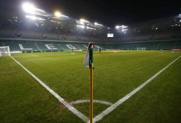 Empty stands are pictured in Stadion Wojska Polskiego