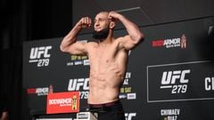 LAS VEGAS, NV - SEPTEMBER 9: Khamzat Chimaev weighs in for their UFC 279 bout during the official weigh-ins on September 9, 2022, at the UFC APEX in Las Vegas, NV. Chimaev weighed in at 178.5 pounds for his 170 pound fight. (Photo by Amy Kaplan/Icon Sportswire via Getty Images)