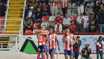 Jugadores del Atlético de San Luis festejan un gol contra el Necaxa.