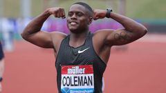Christian Coleman celebra su victoria en los 100 metros lisos en el Muller Grand Prix de Birmingham de la Diamond League de 2018.
