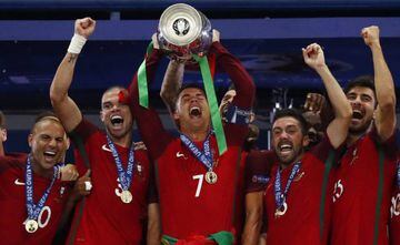 Cristiano Ronaldo holds the trophy aloft after Portugal's Euro 2016 final victory over hosts France.