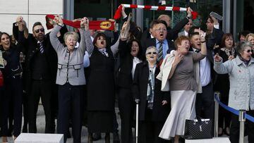 Relatives sing "You'll never walk alone" after the jury delivered its verdict at the new inquests into the Hillsborough disaster.